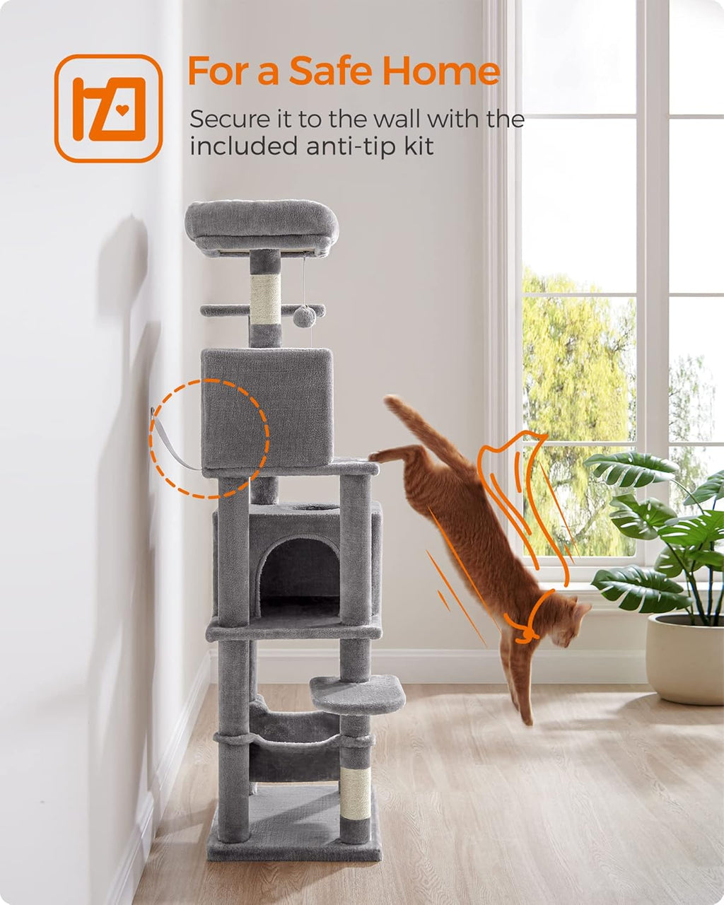 Cat Tree, 61-Inch Cat Tower for Indoor Cats, Plush Multi-Level Cat Condo with 5 Scratching Posts, 2 Perches, 2 Caves, Hammock, Light Gray
