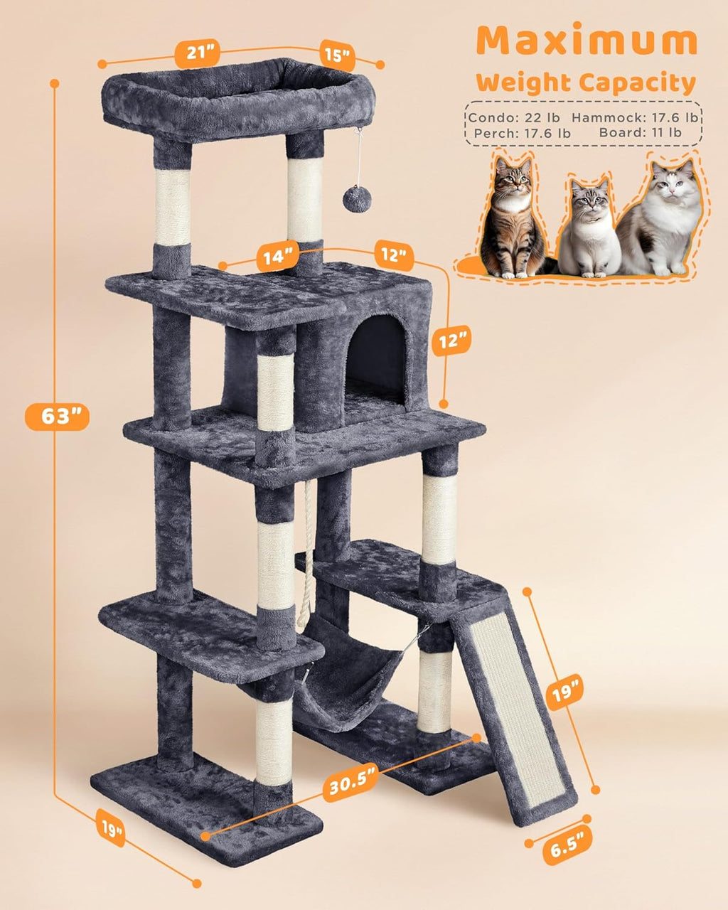 Large Multi-Level Cat Tree, 63 Inches Tall with Sisal-Covered Scratching Posts, Condo, and Hammock.