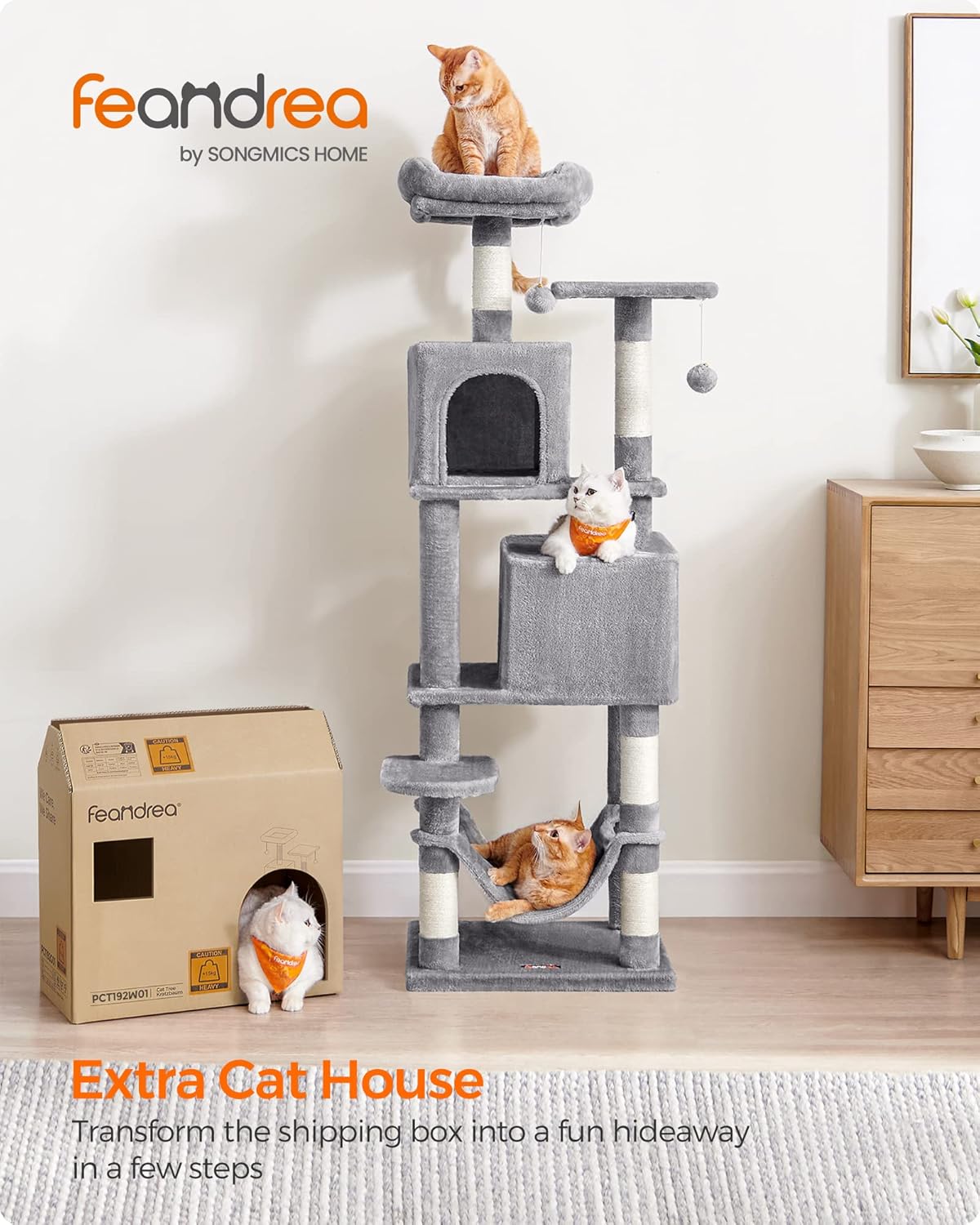 Cat Tree, 61-Inch Cat Tower for Indoor Cats, Plush Multi-Level Cat Condo with 5 Scratching Posts, 2 Perches, 2 Caves, Hammock, Light Gray