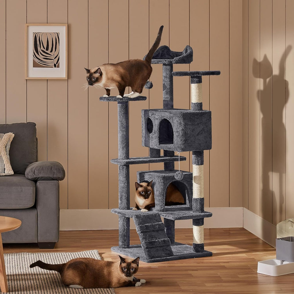  Gray 54In Cat Tree, Multi-Level Cat Tower with Spacious Kitten-Ear Perch, Scratching Posts, Climbing Ladder.