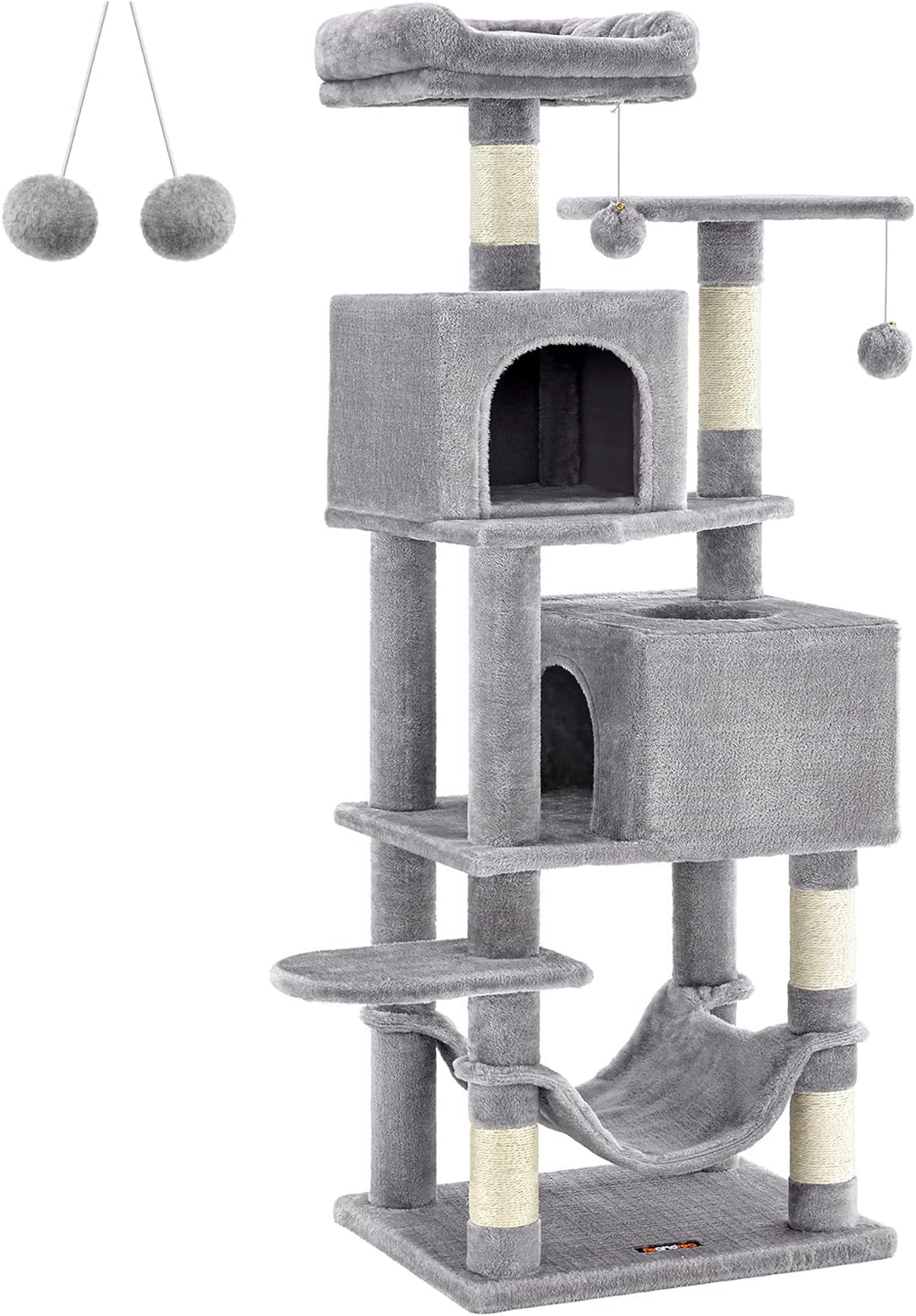 Cat Tree, 61-Inch Cat Tower for Indoor Cats, Plush Multi-Level Cat Condo with 5 Scratching Posts, 2 Perches, 2 Caves, Hammock, Light Gray