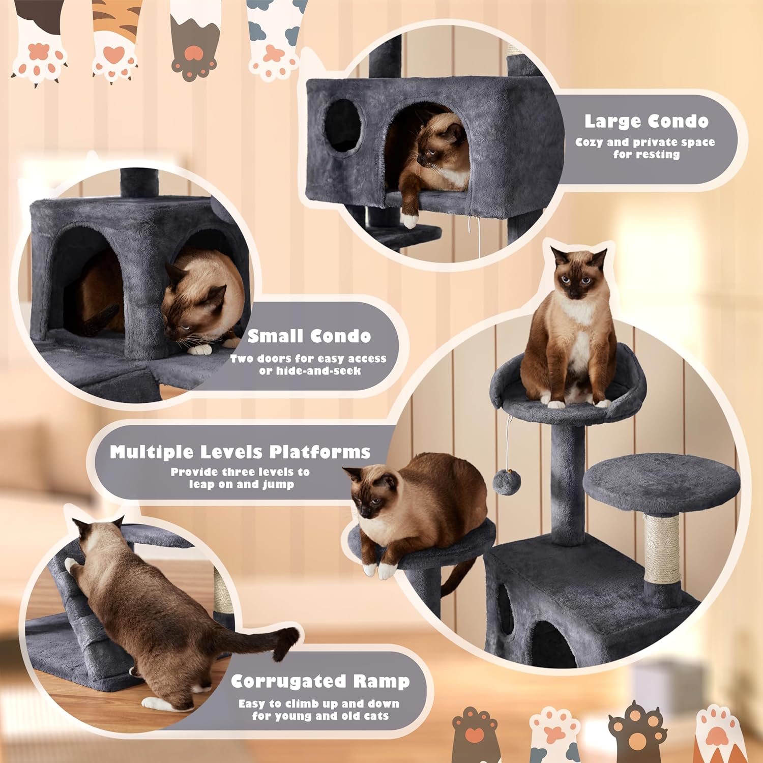  Gray 54In Cat Tree, Multi-Level Cat Tower with Spacious Kitten-Ear Perch, Scratching Posts, Climbing Ladder.