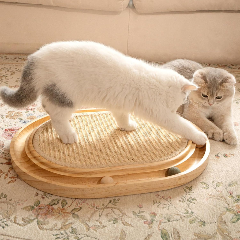 Sisal Cat Scratcher Toy with Ball Track Wooden Interactive Cat Toy for Indoor Cats Scratch Pad, for Kitty and Medium Cat