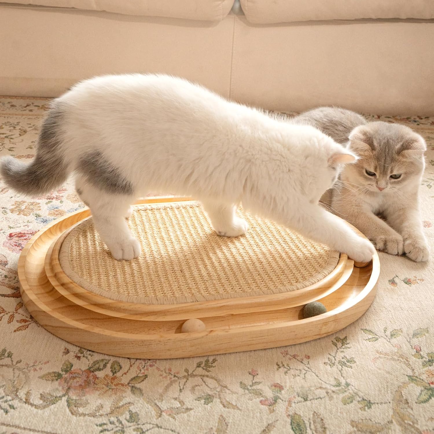 Sisal Cat Scratcher Toy with Ball Track Wooden Interactive Cat Toy for Indoor Cats Scratch Pad, for Kitty and Medium Cat