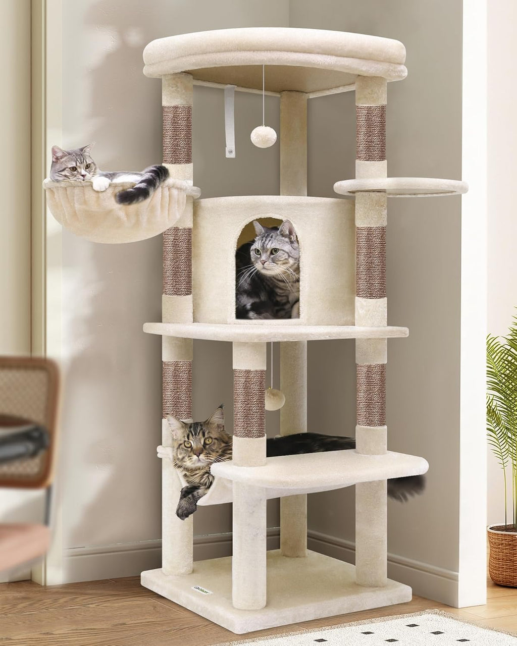 Corner Cat Tree, 51In Curved Series Modern Cat Tower for Indoor Cats with Hammock, 7 Sisal Scratching Posts for Large cats