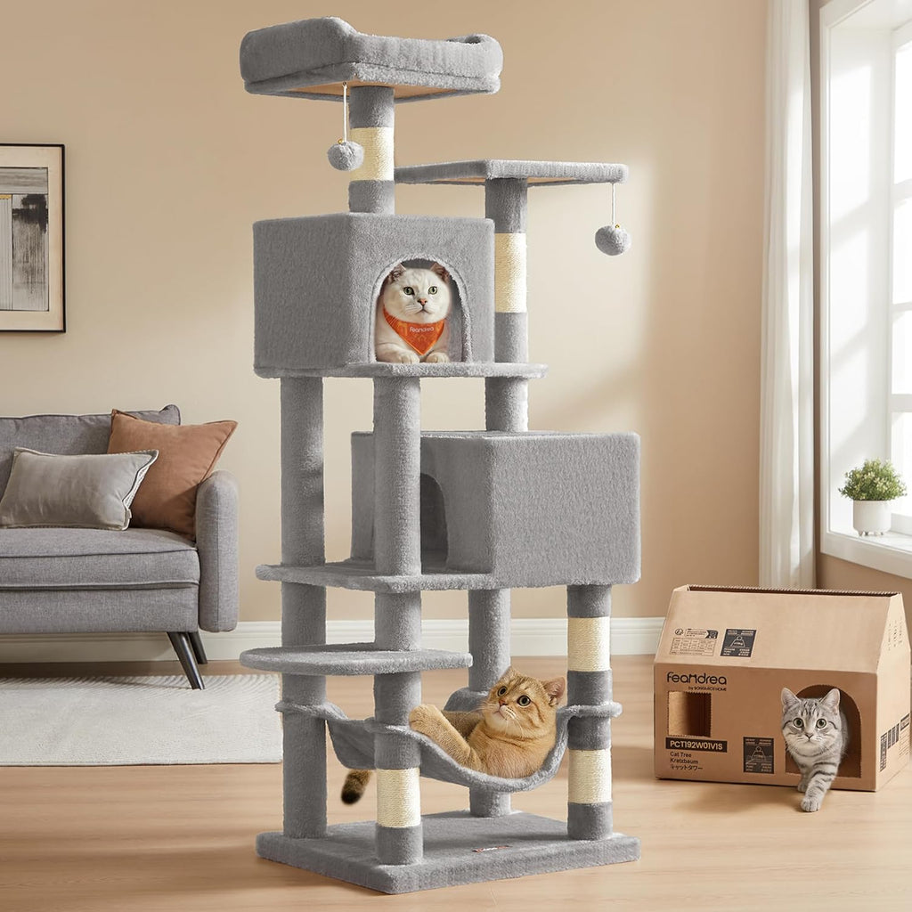 Cat Tree, 61-Inch Cat Tower for Indoor Cats, Plush Multi-Level Cat Condo with 5 Scratching Posts, 2 Perches, 2 Caves, Hammock, Light Gray