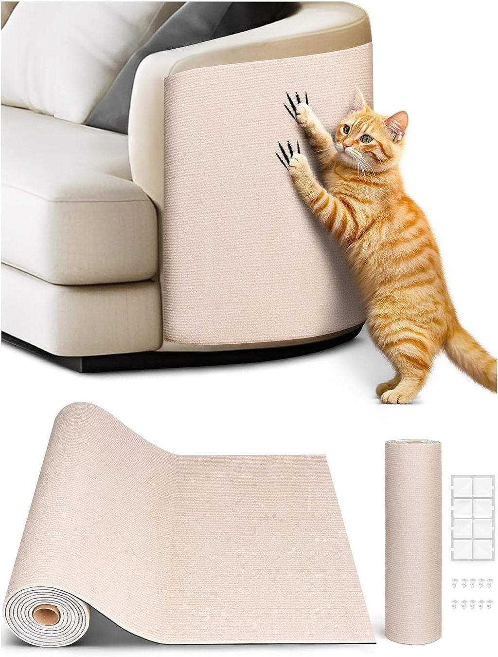 78.7"X15.8" Cat Scratch Mat, Trimmable Self-Adhesive Carpet, DIY Climb Cat Scratcher for Furniture Couch or Wall Protector, (Beige)