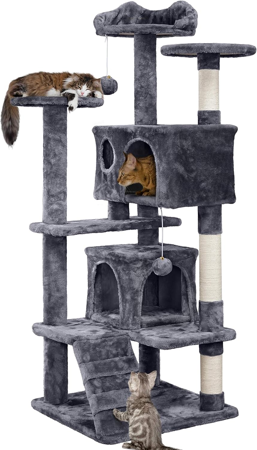  Gray 54In Cat Tree, Multi-Level Cat Tower with Spacious Kitten-Ear Perch, Scratching Posts, Climbing Ladder.