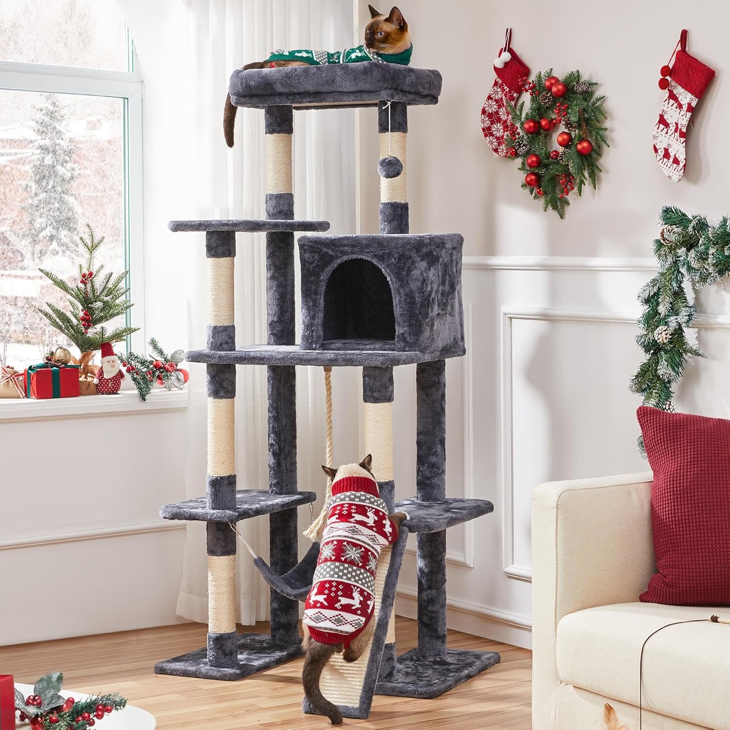 Large Multi-Level Cat Tree, 63 Inches Tall with Sisal-Covered Scratching Posts, Condo, and Hammock.