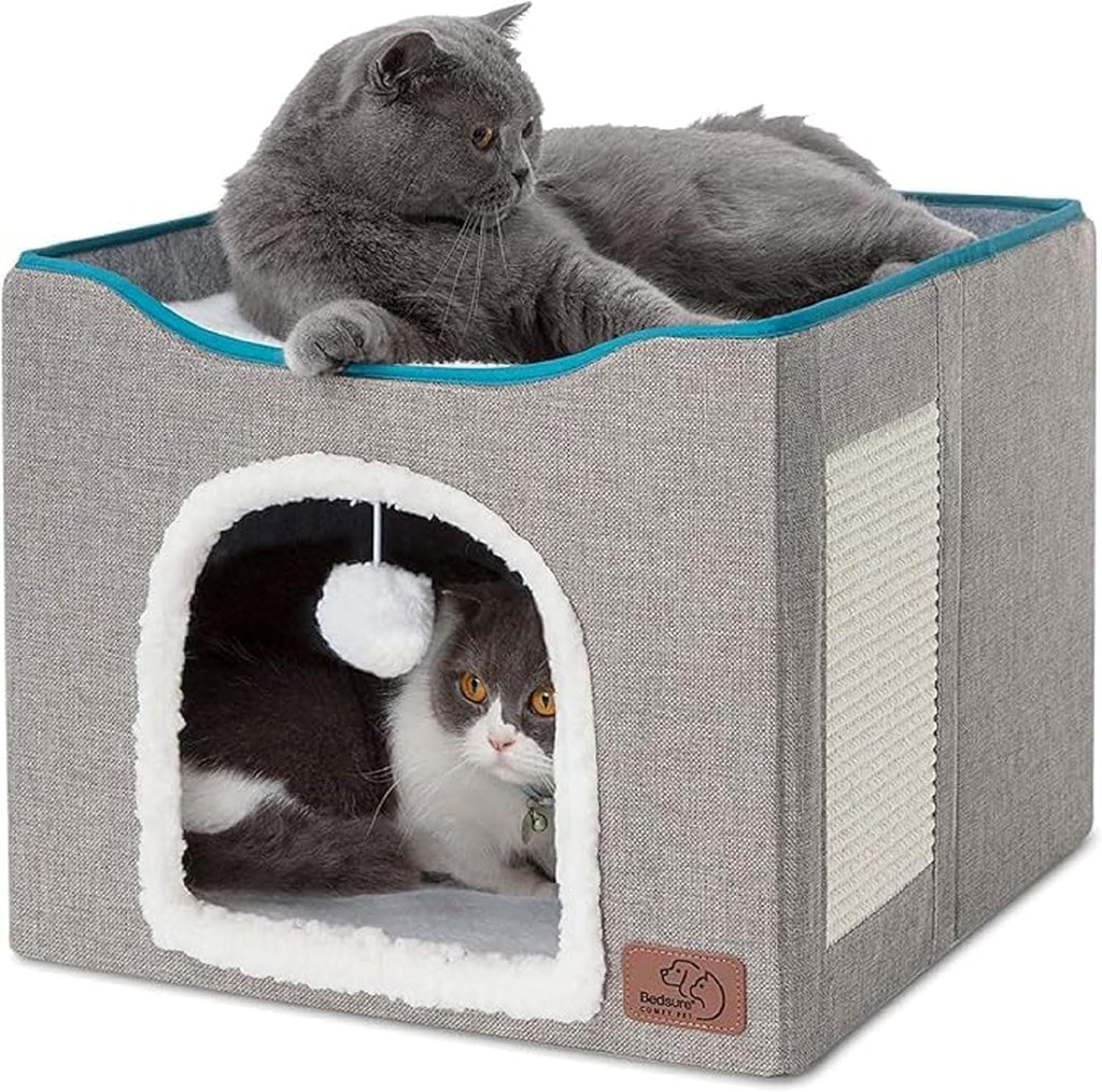 Cat Beds for Indoor Cats - Large Cat Cave for Pet Cat House with Scratch Pad, Foldable Cat Hideaway, Grey