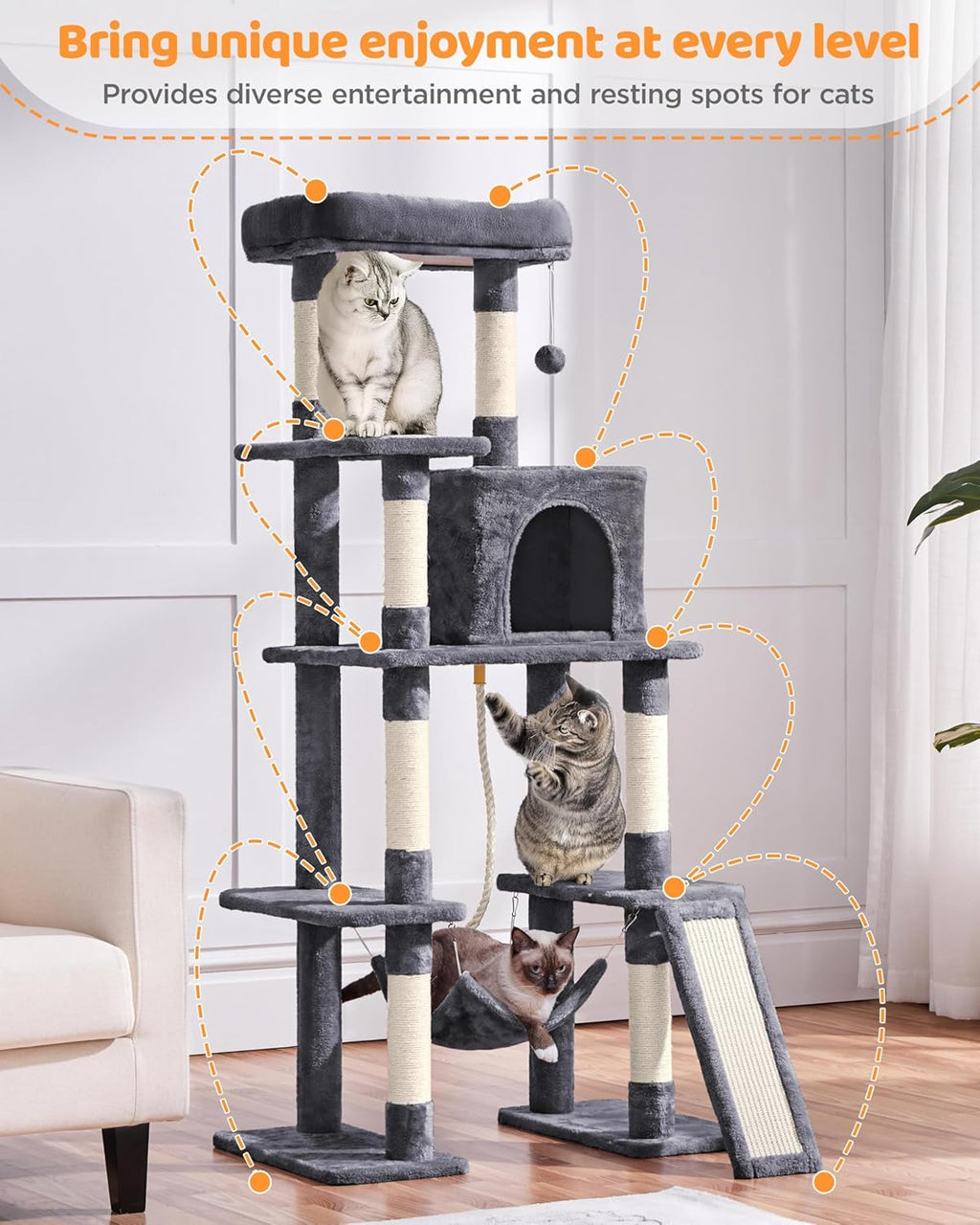 Large Multi-Level Cat Tree, 63 Inches Tall with Sisal-Covered Scratching Posts, Condo, and Hammock.