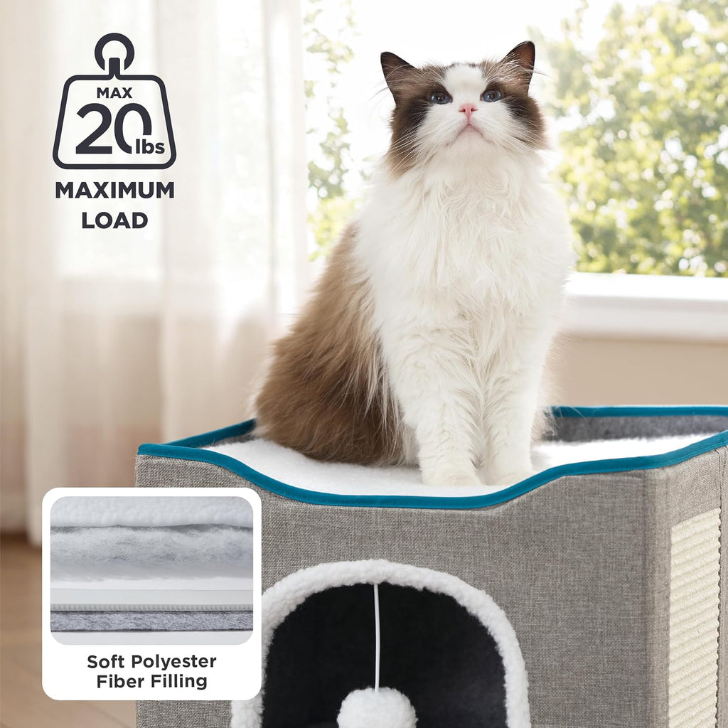 Cat Beds for Indoor Cats - Large Cat Cave for Pet Cat House with Scratch Pad, Foldable Cat Hideaway, Grey