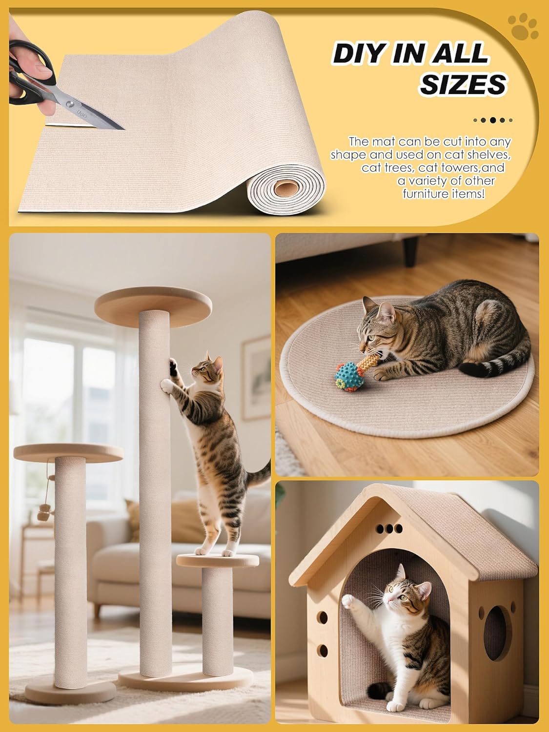 78.7"X15.8" Cat Scratch Mat, Trimmable Self-Adhesive Carpet, DIY Climb Cat Scratcher for Furniture Couch or Wall Protector, (Beige)