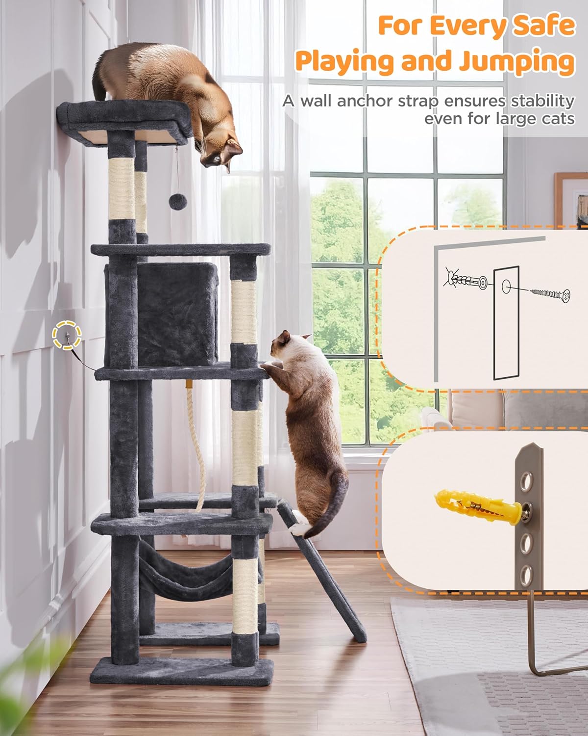 Large Multi-Level Cat Tree, 63 Inches Tall with Sisal-Covered Scratching Posts, Condo, and Hammock.