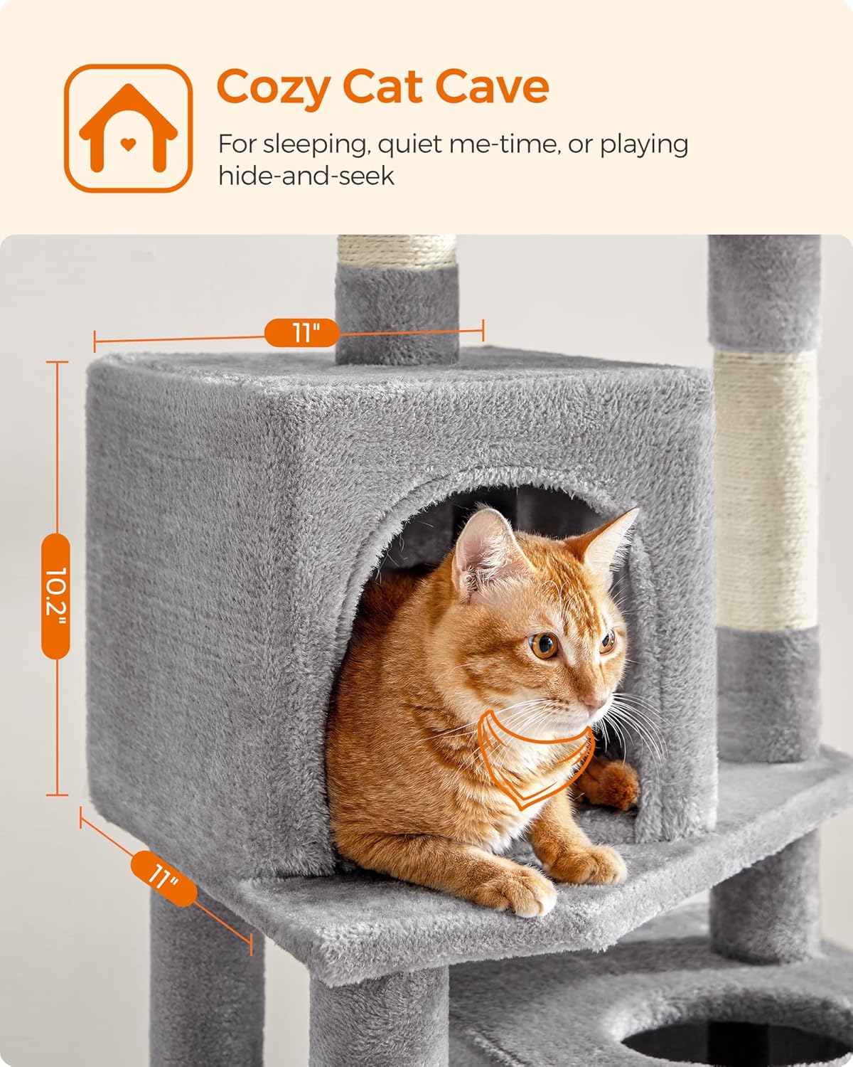 Cat Tree, 61-Inch Cat Tower for Indoor Cats, Plush Multi-Level Cat Condo with 5 Scratching Posts, 2 Perches, 2 Caves, Hammock, Light Gray