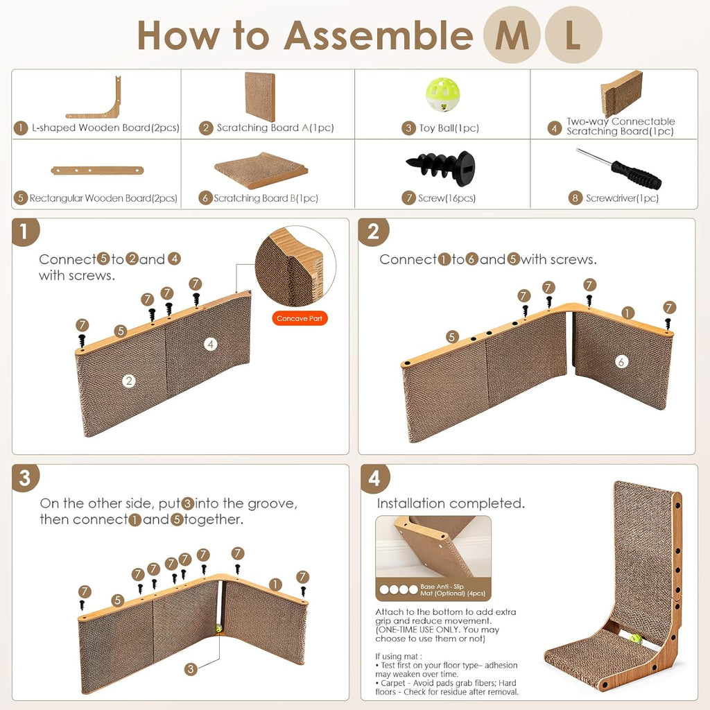 Cardboard Cat Scratcher for Indoor Cats, 26.8 Inch L Shaped Vertical Cat Scratching Board with Ball Cat Toy, Brown