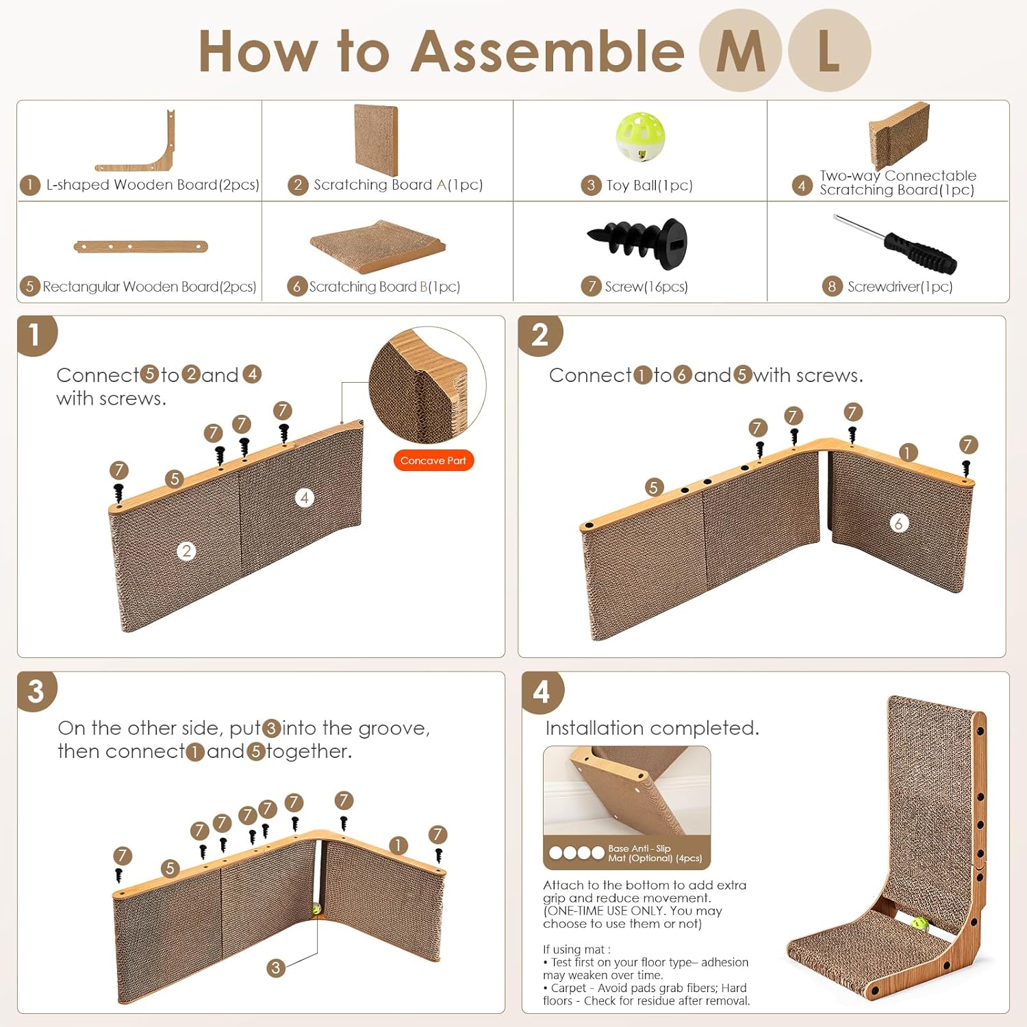 Cardboard Cat Scratcher for Indoor Cats, 26.8 Inch L Shaped Vertical Cat Scratching Board with Ball Cat Toy, Brown
