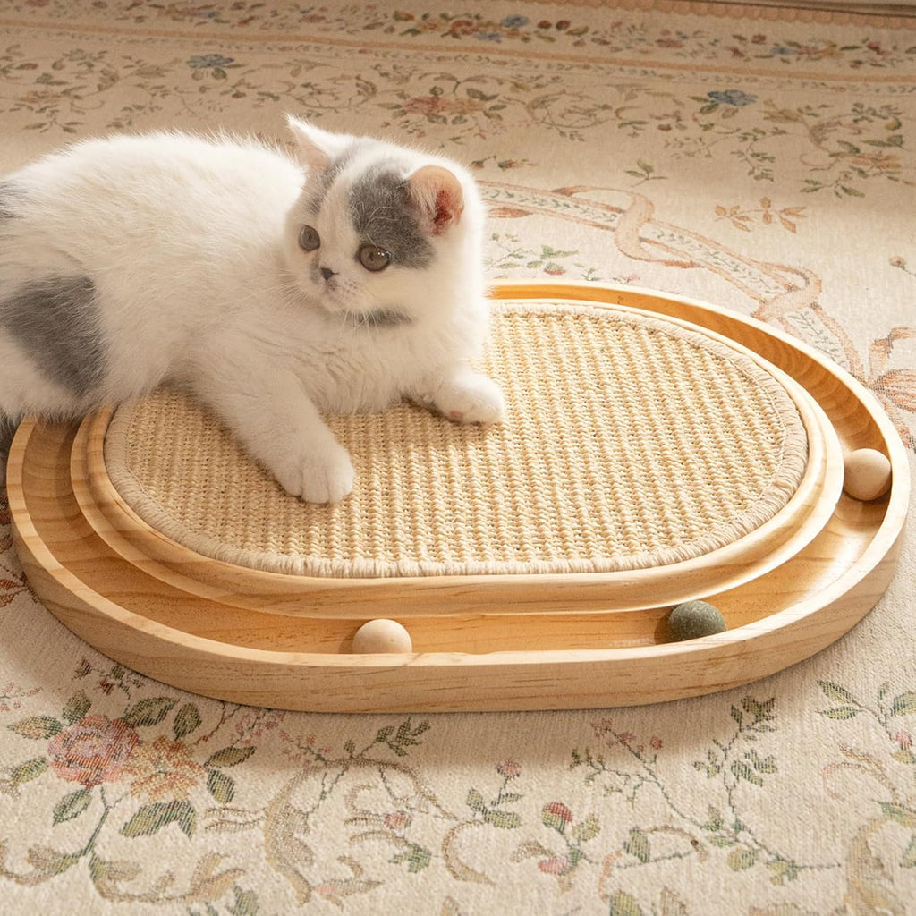 Sisal Cat Scratcher Toy with Ball Track Wooden Interactive Cat Toy for Indoor Cats Scratch Pad, for Kitty and Medium Cat