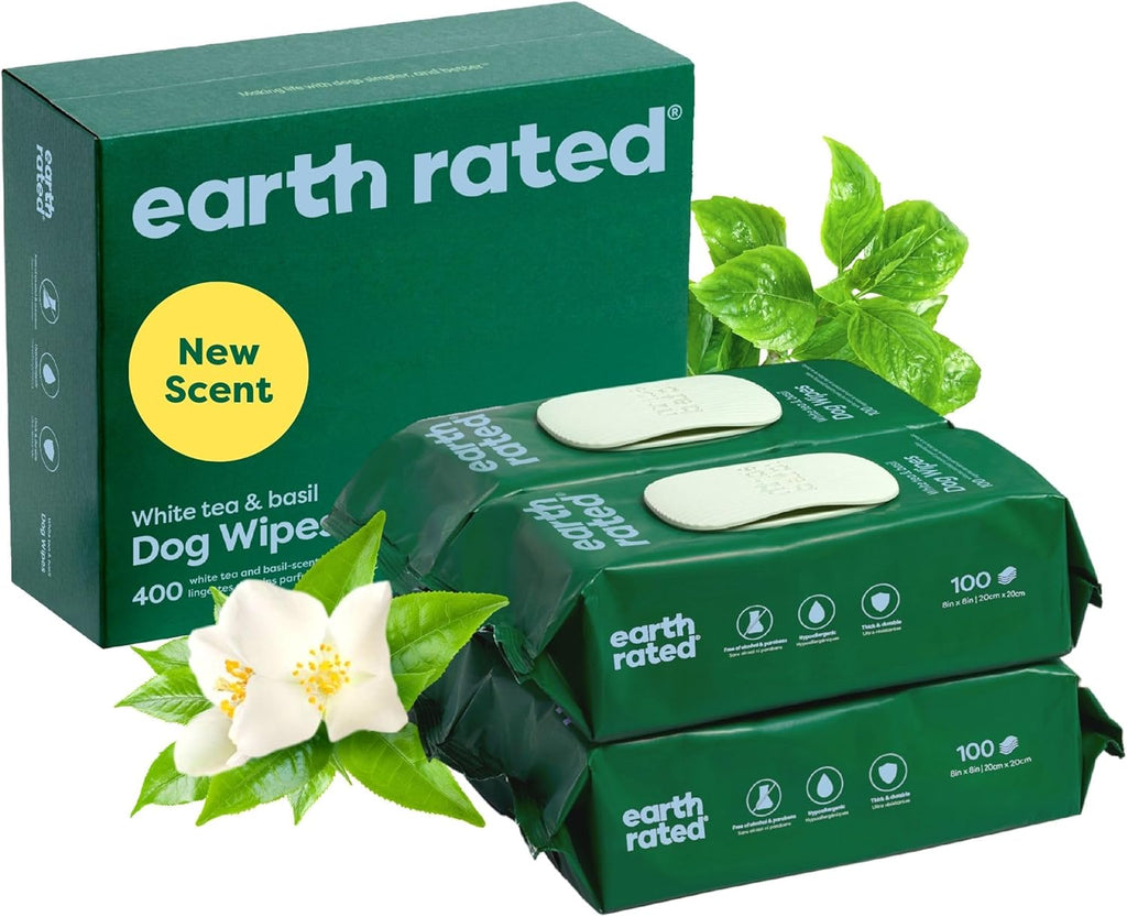 Pet Wipes for Dogs and Cats, Hypoallergenic, 3-In-1 Cleaning, Deodorizing and Hydrating, for Grooming Paws, Body and Butt, New White Tea and Basil Scent, 400 Count