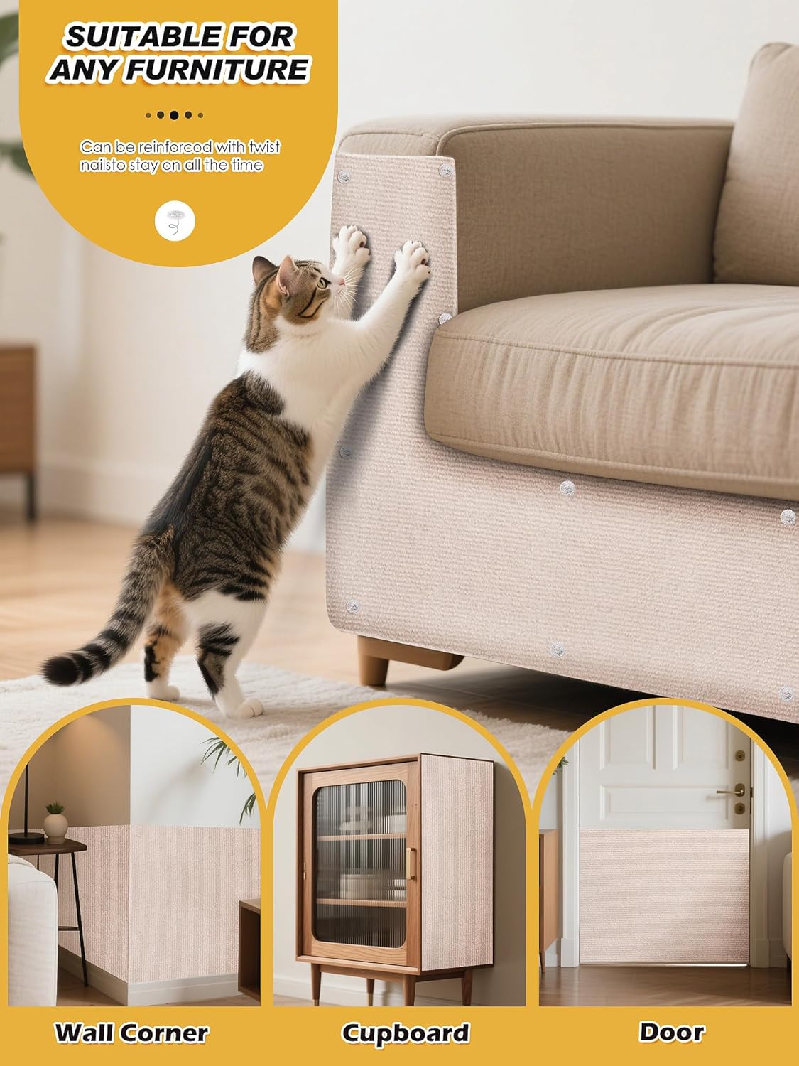 78.7"X15.8" Cat Scratch Mat, Trimmable Self-Adhesive Carpet, DIY Climb Cat Scratcher for Furniture Couch or Wall Protector, (Beige)