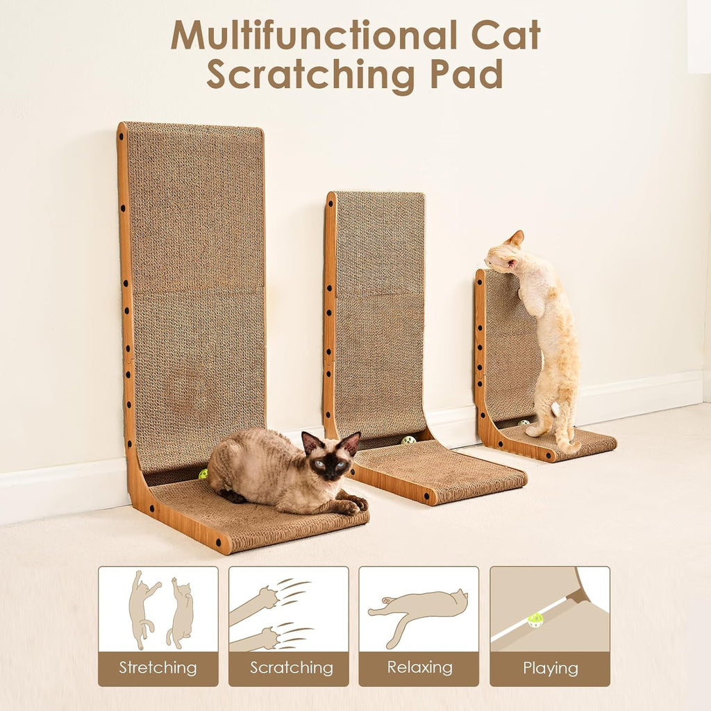 Cardboard Cat Scratcher for Indoor Cats, 26.8 Inch L Shaped Vertical Cat Scratching Board with Ball Cat Toy, Brown