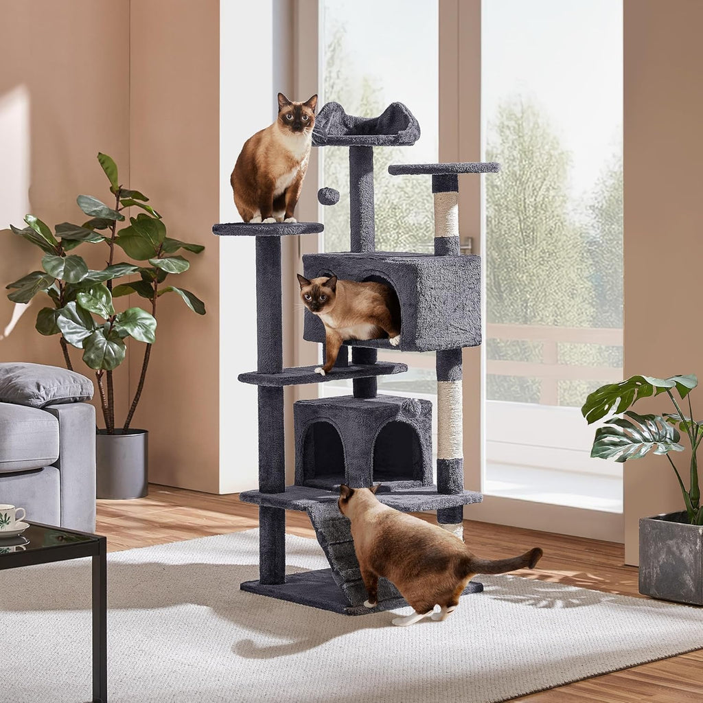  Gray 54In Cat Tree, Multi-Level Cat Tower with Spacious Kitten-Ear Perch, Scratching Posts, Climbing Ladder.