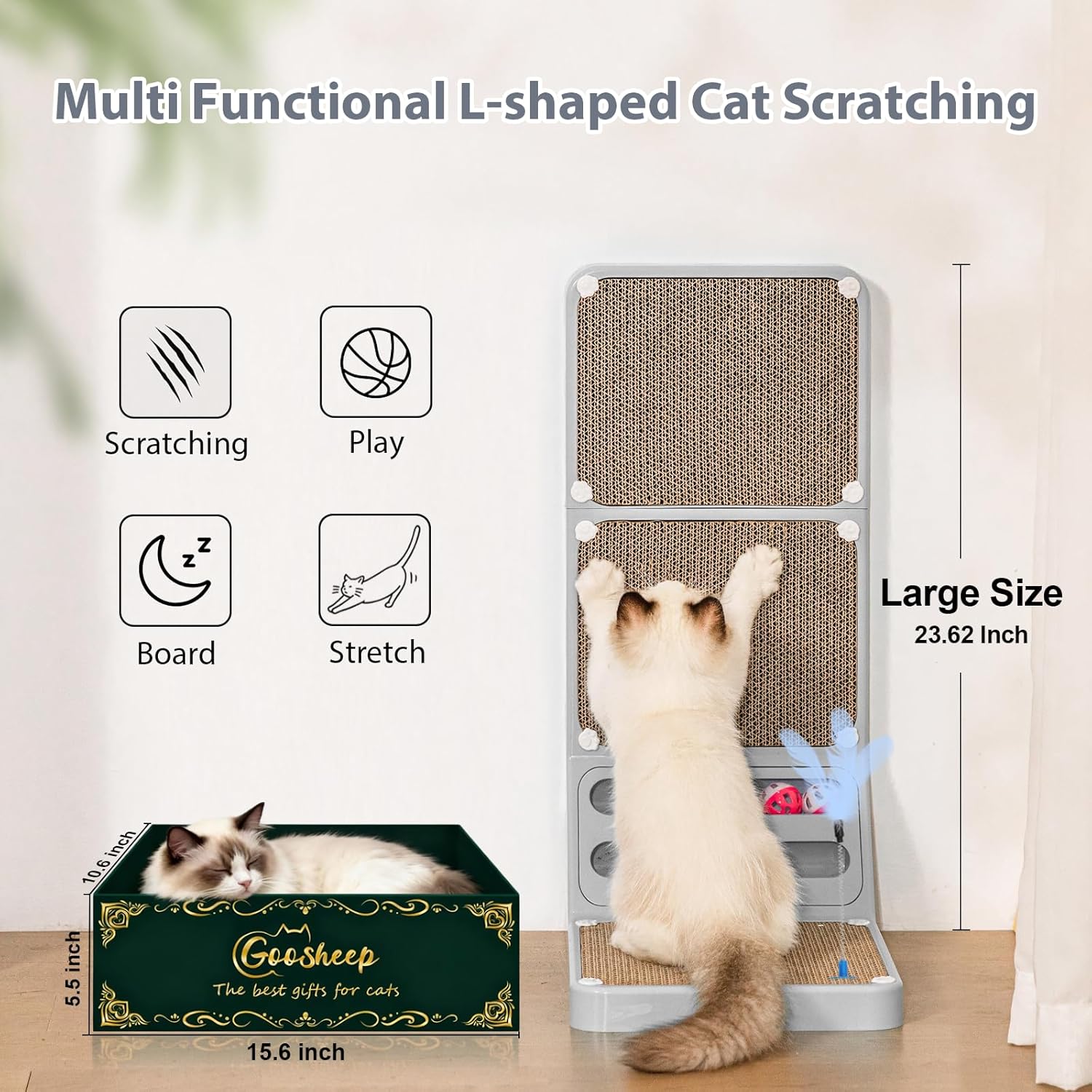 Cat Scratching Post Cat Scratching Board,2-In1 L Shaped Cats Cardboard Scratcher with Box, Kitten, Pad for Indoor Cats Grey