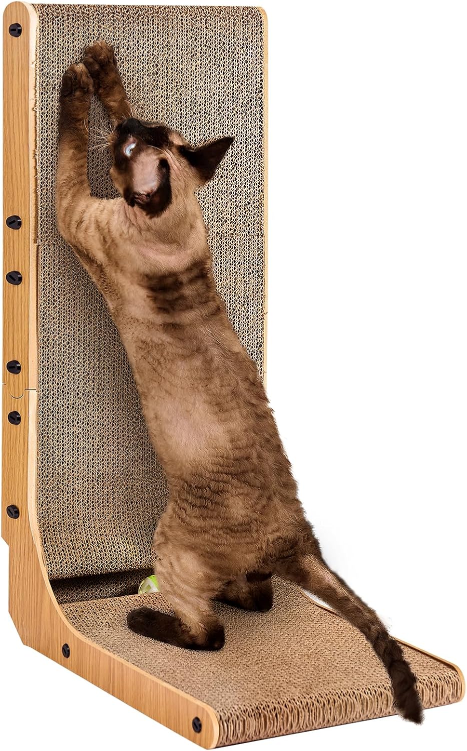 Cardboard Cat Scratcher for Indoor Cats, 26.8 Inch L Shaped Vertical Cat Scratching Board with Ball Cat Toy, Brown