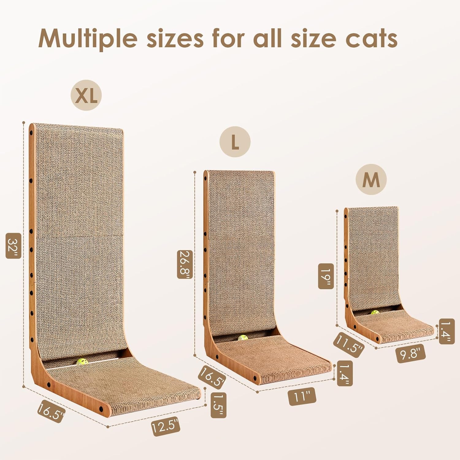 Cardboard Cat Scratcher for Indoor Cats, 26.8 Inch L Shaped Vertical Cat Scratching Board with Ball Cat Toy, Brown