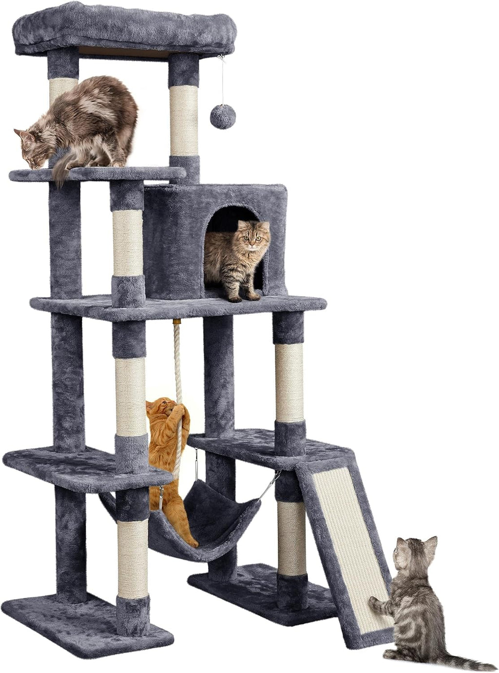 Large Multi-Level Cat Tree, 63 Inches Tall with Sisal-Covered Scratching Posts, Condo, and Hammock.