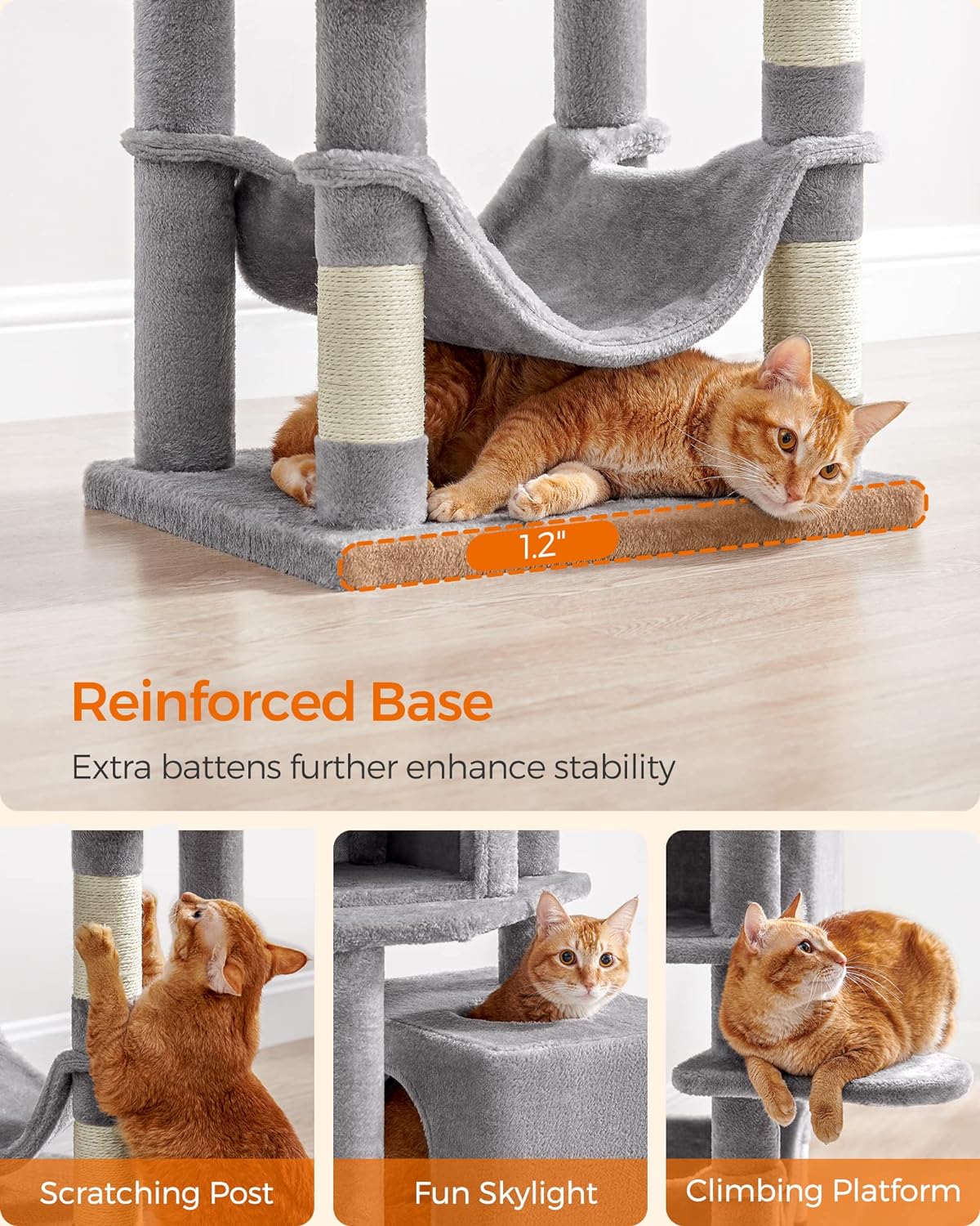 Cat Tree, 61-Inch Cat Tower for Indoor Cats, Plush Multi-Level Cat Condo with 5 Scratching Posts, 2 Perches, 2 Caves, Hammock, Light Gray