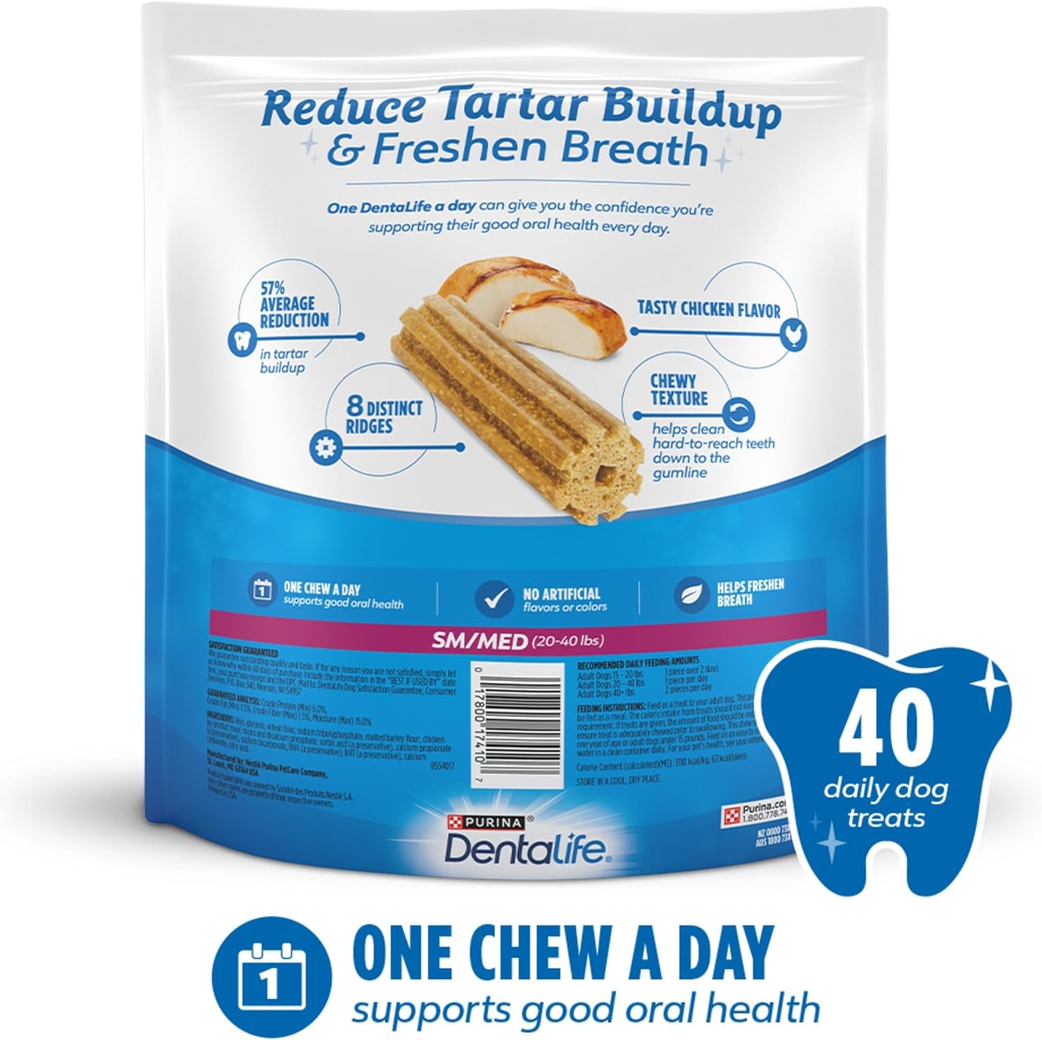 Daily Oral Care Dog Treats for Small and Medium Dogs, Chewy Dental Treat to Freshen Breath and Fight Tartar, Chicken Flavor - 40 Ct. Pouch