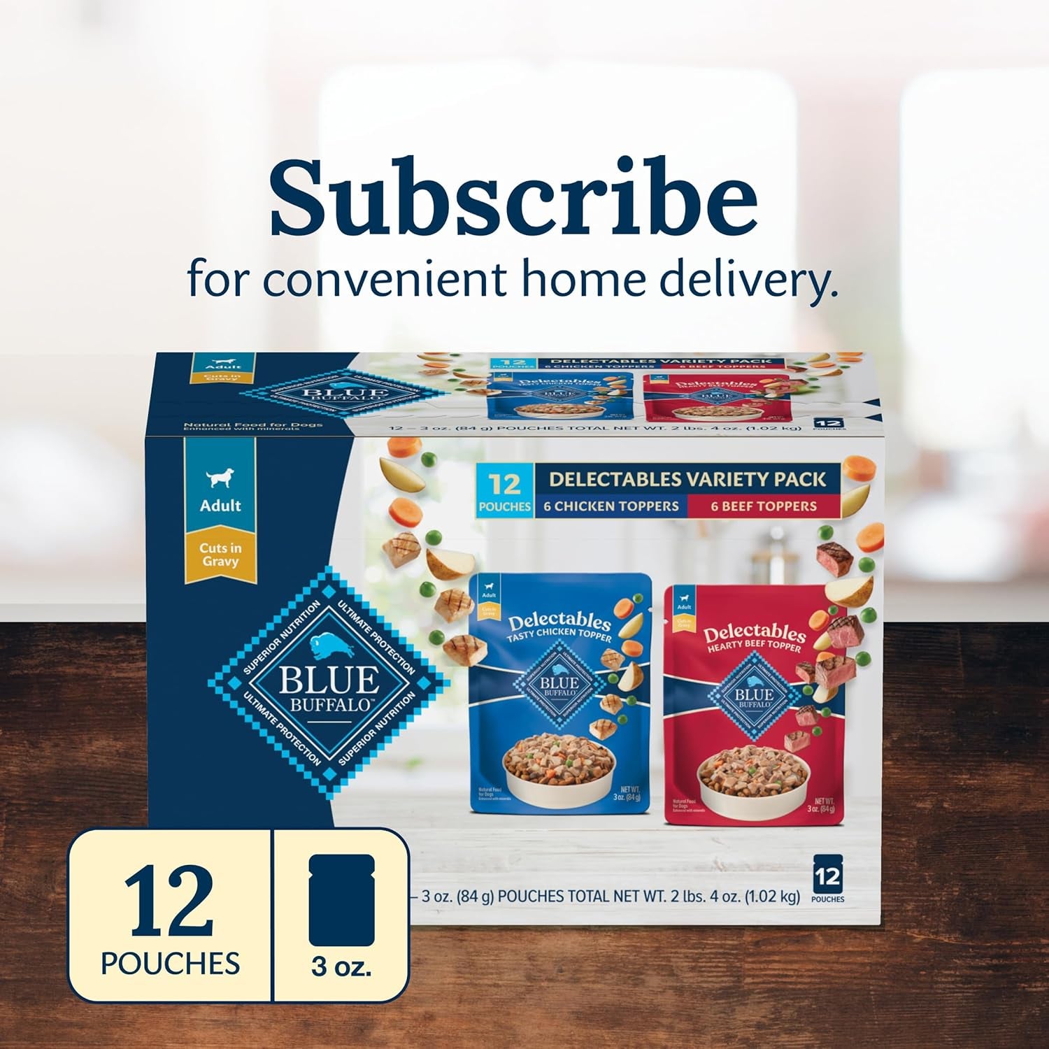 Delectables Natural Wet Dog Food Toppers Variety Pack, Tasty Chicken & Hearty Beef, Cuts in Gravy, 3-Oz. (12 Pouches, 6 of Each Flavor)