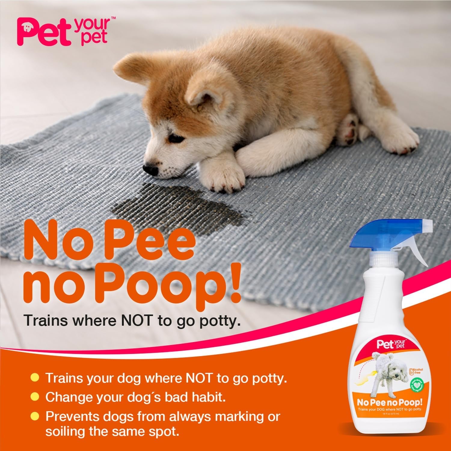 No Pee No Poop Dog Potty Training Spray, 16 Fl Oz – Non-Toxic Dog Spray to Prevent Peeing and Pooping – Natural No Urine Marking Scent Corrector - No Here Stops Dogs Peeing Indoor/Outdoor