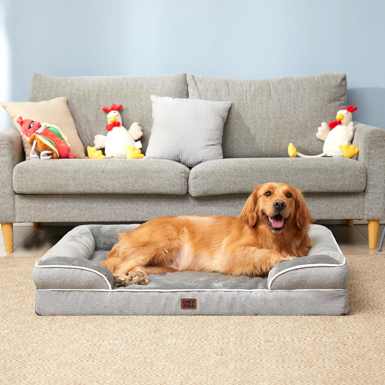 Orthopedic Dog Beds for Extra Large Dogs 44X32Inch, Waterproof Memory Foam XL Pet Bed with Sides, Non-Slip and Egg-Crate Foam Big Dog Couch Bed with Washable Removable Cover, Grey