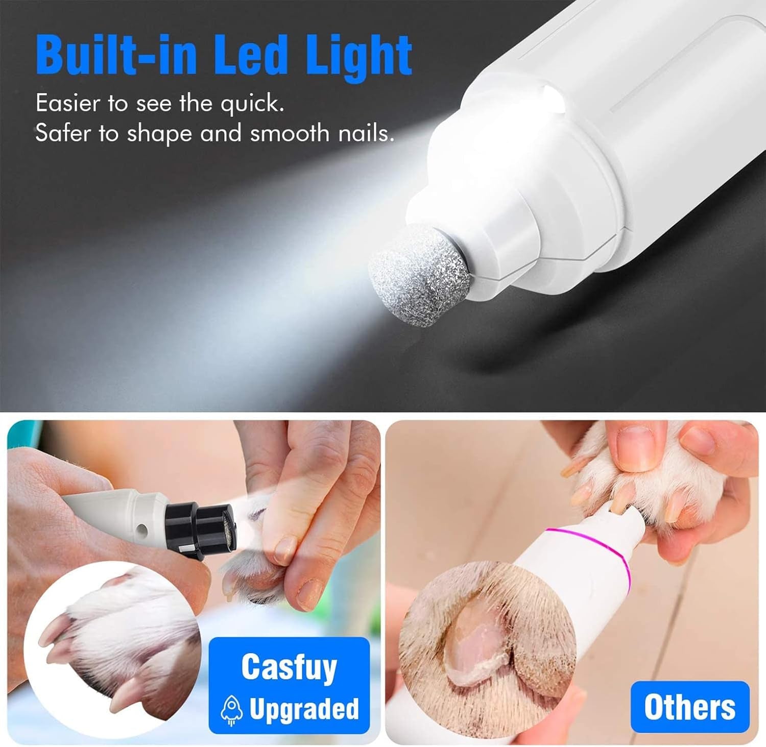 Dog Nail Grinder with LED Light - Upgraded 2-Speed Electric Pet Nail Trimmer Powerful Painless Paws Grooming & Smoothing for Small Medium Large Dogs & Cats (White)