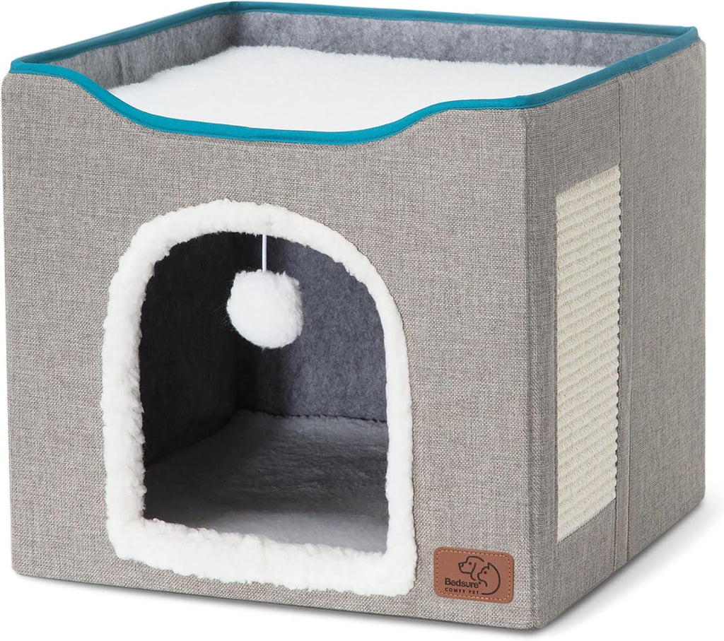 Cat Beds for Indoor Cats - Large Cat Cave for Pet Cat House with Scratch Pad, Foldable Cat Hideaway, Grey