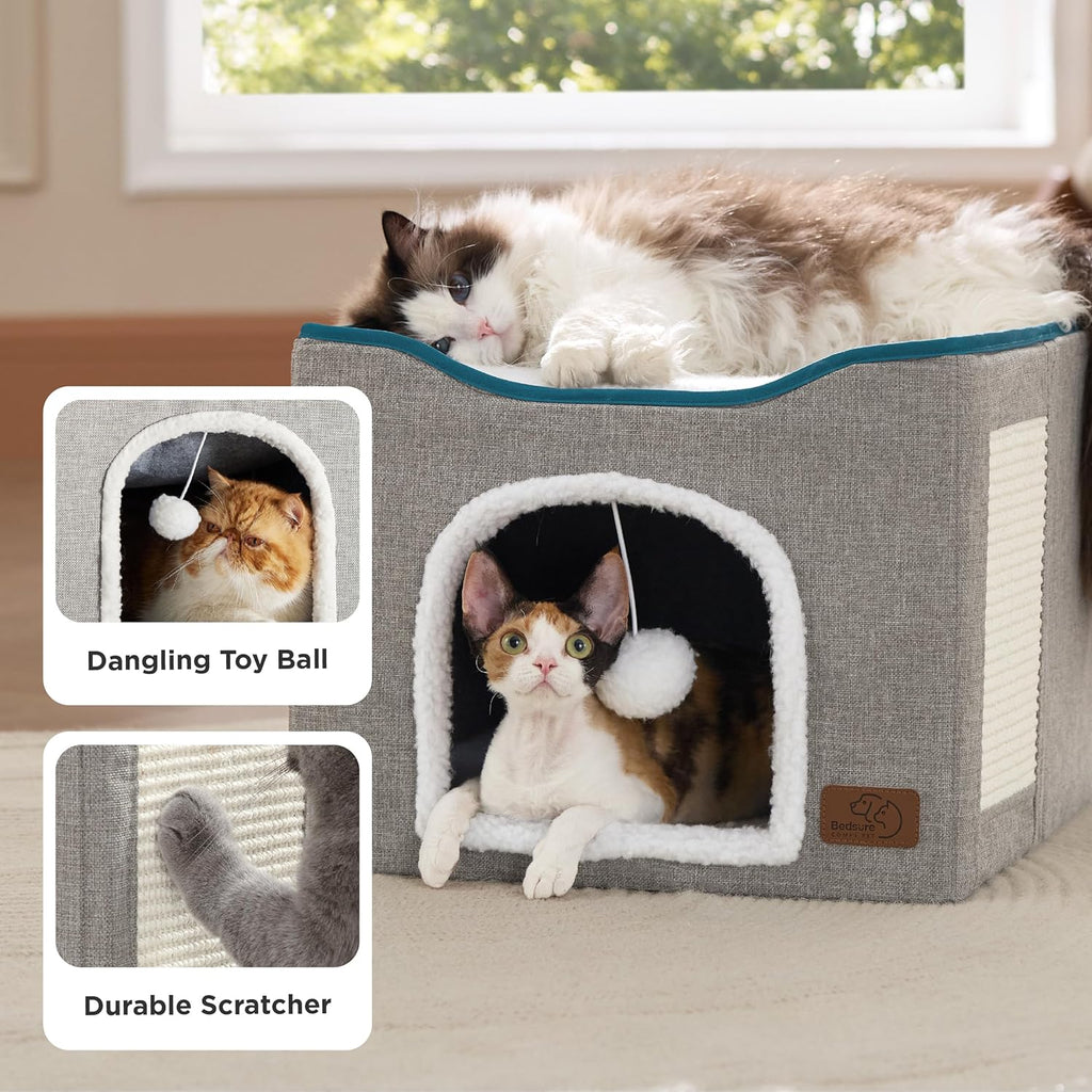 Cat Beds for Indoor Cats - Large Cat Cave for Pet Cat House with Scratch Pad, Foldable Cat Hideaway, Grey