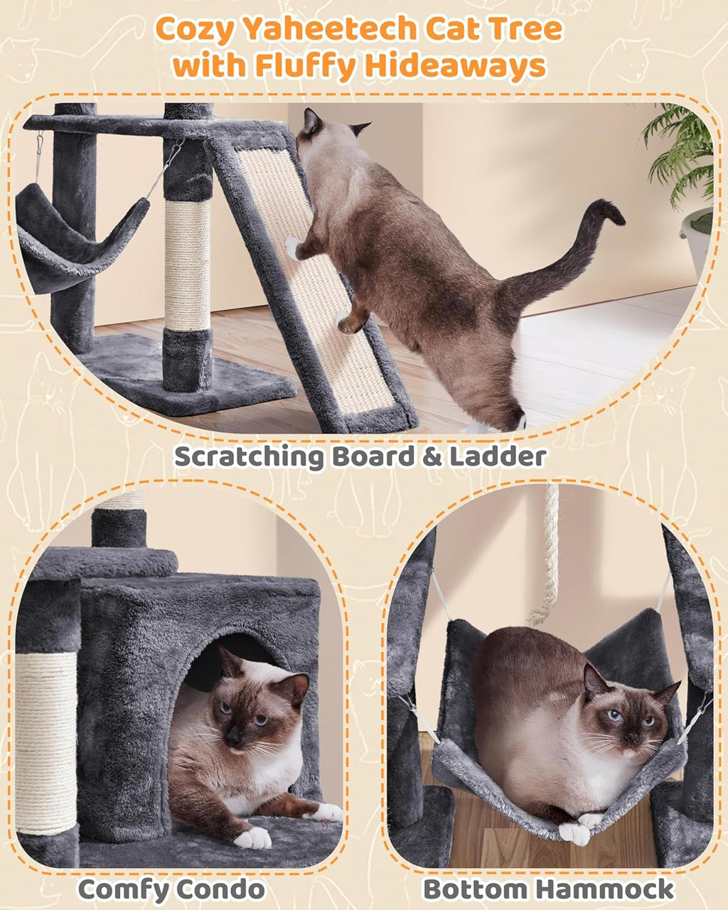 Large Multi-Level Cat Tree, 63 Inches Tall with Sisal-Covered Scratching Posts, Condo, and Hammock.