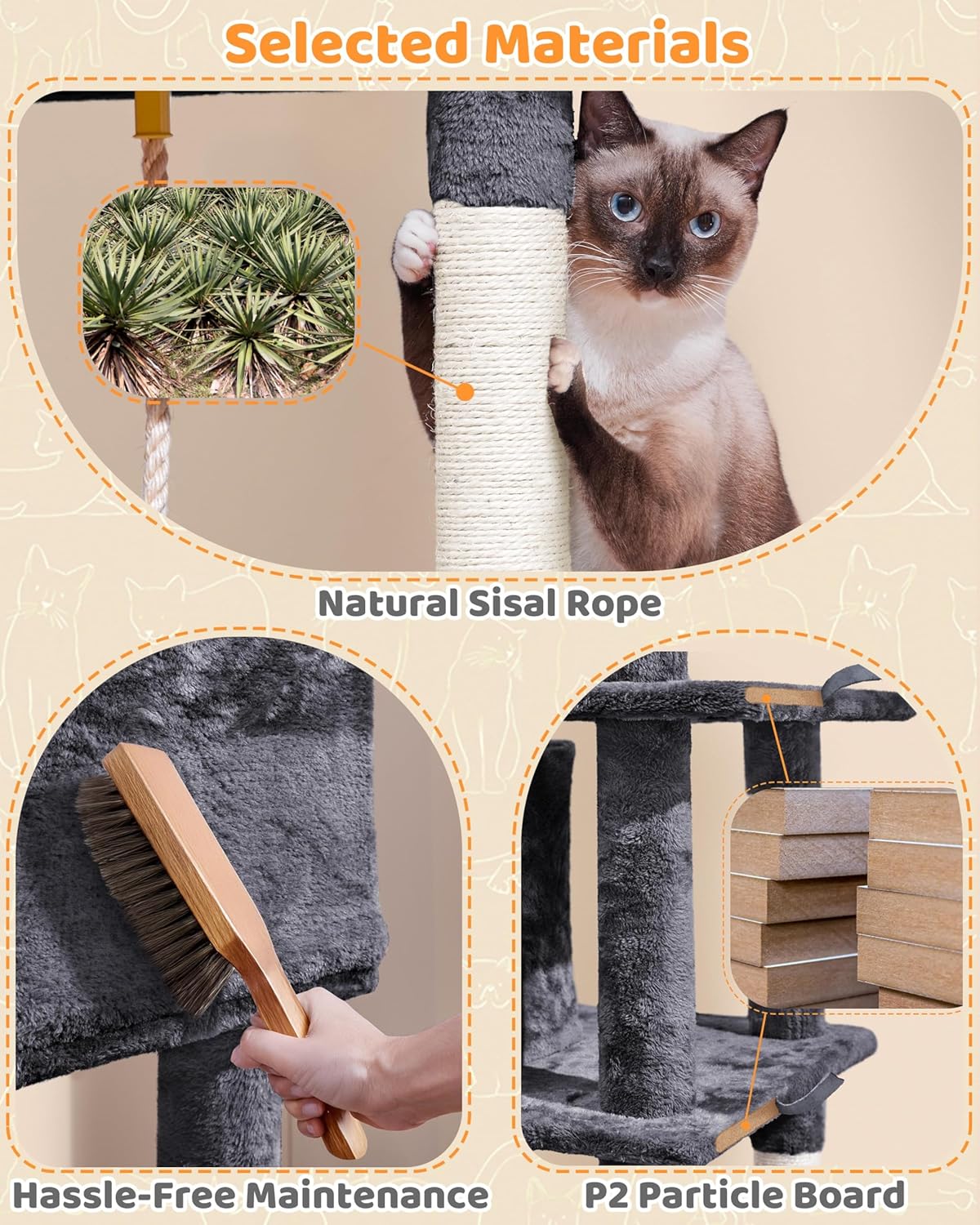 Large Multi-Level Cat Tree, 63 Inches Tall with Sisal-Covered Scratching Posts, Condo, and Hammock.