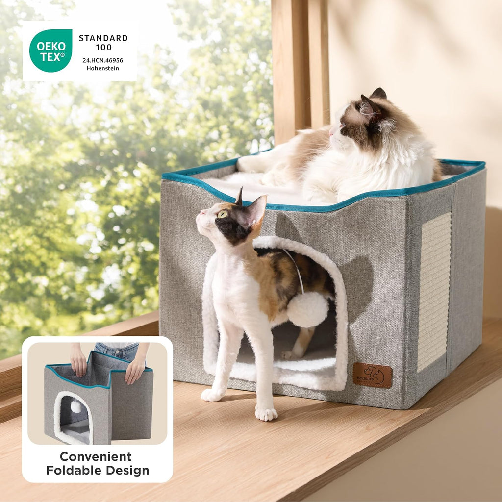 Cat Beds for Indoor Cats - Large Cat Cave for Pet Cat House with Scratch Pad, Foldable Cat Hideaway, Grey
