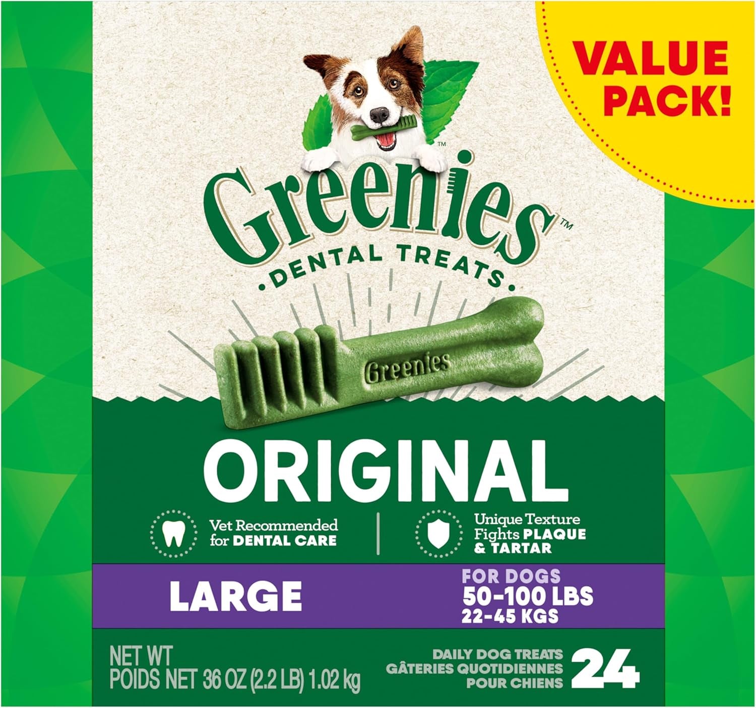 Original Large Dental Dog Treats, 36 Oz. Pack (24 Treats)