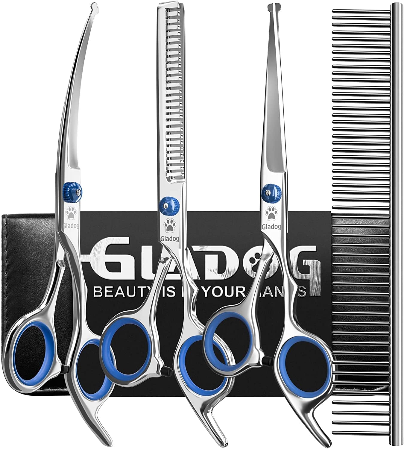 Professional 5 in 1 Dog Grooming Scissors Set with Safety round Tips, Sharp and Heavy-Duty Pet Grooming Shears for Cats