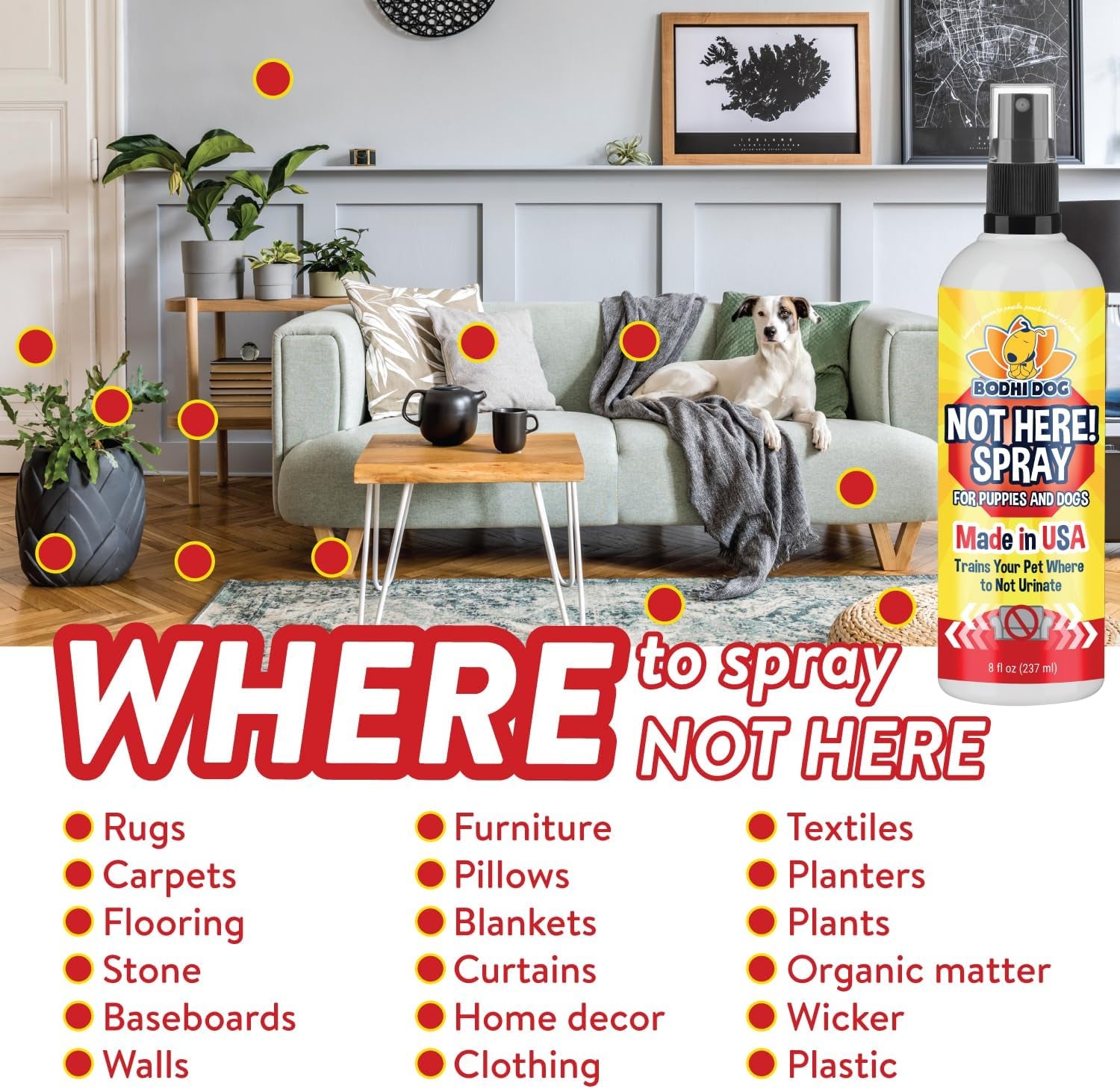 Not Here Spray - Trains Your Pet Where Not to Pee Indoors or Outdoors - anti Marking Deterrent for Furniture, Carpet and Floor - Training Corrector for Puppies & Dogs - Made in USA (8 Fl Oz)