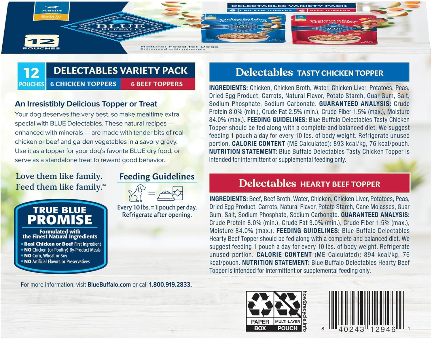 Delectables Natural Wet Dog Food Toppers Variety Pack, Tasty Chicken & Hearty Beef, Cuts in Gravy, 3-Oz. (12 Pouches, 6 of Each Flavor)