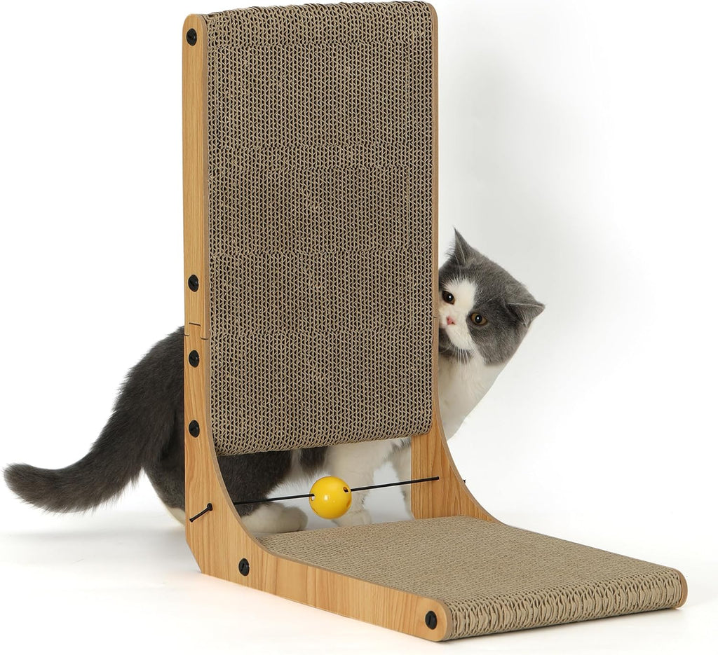 Cat Scratcher, 18.9 Inch L Shape Cat Scratch Pad, Vertical Cat Scratcher Wall Mounted, Cat Scratching Cardboard with Ball Toy for Indoor Cats