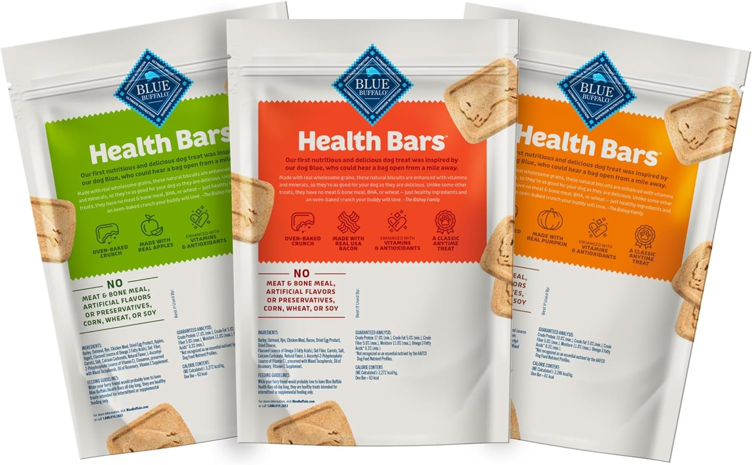 Health Bars Crunchy Dog Biscuits, Variety Pack, Bacon, Egg & Cheese, Apple & Yogurt, Pumpkin & Cinnamon, 16-Oz Bags