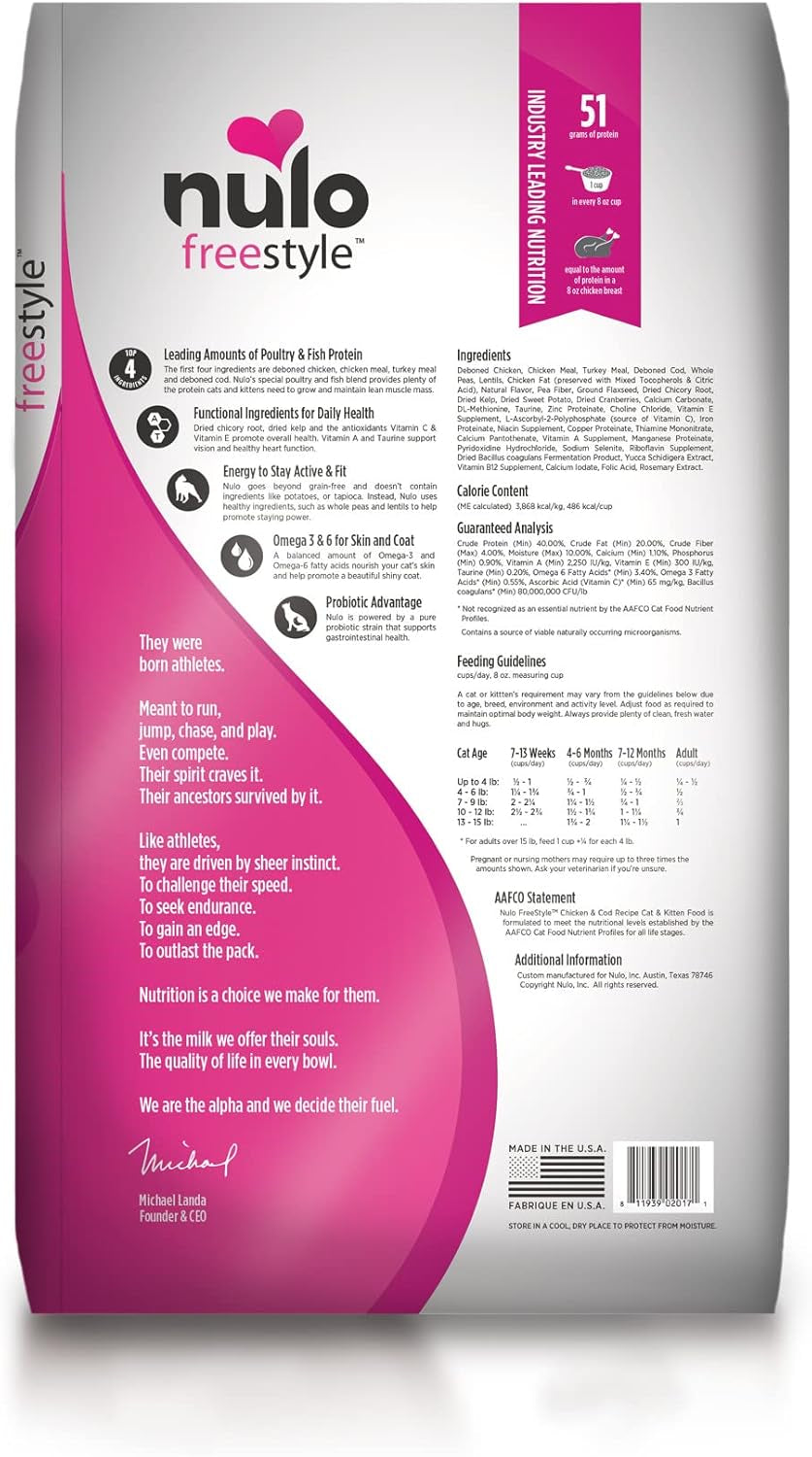 Freestyle High Protein Cat & Kitten Food, Chicken & Cod Recipe - Natural Grain-Free Dry Cat Food with Omega Fatty Acids & Probiotics, 4 Lb Bag