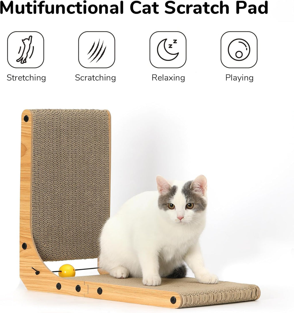 Cat Scratcher, 18.9 Inch L Shape Cat Scratch Pad, Vertical Cat Scratcher Wall Mounted, Cat Scratching Cardboard with Ball Toy for Indoor Cats