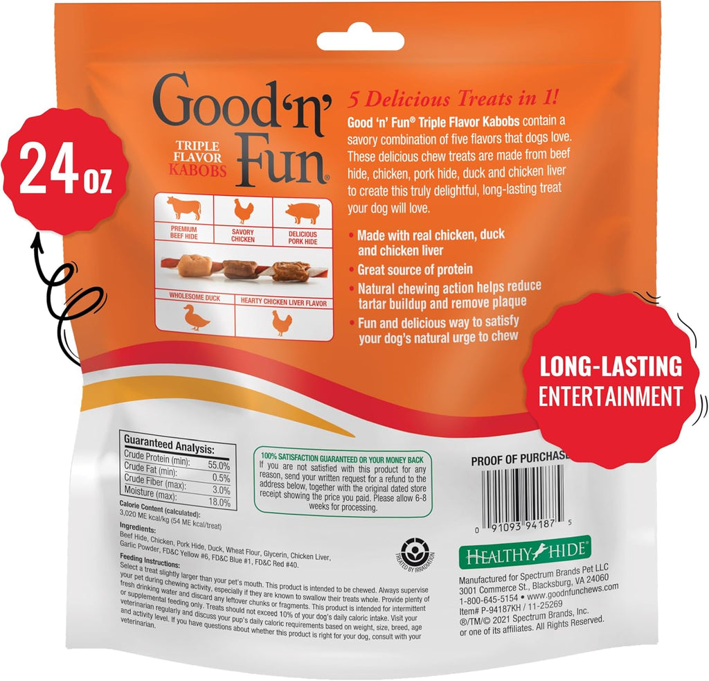 Good ‘N’ Fun Triple Flavor Kabobs Chews for All Dogs, 24 Ounces, Treat Your Dog to Chews Made from Beef Hide, Real Chicken, Pork Hide, Duck and Chicken Liver